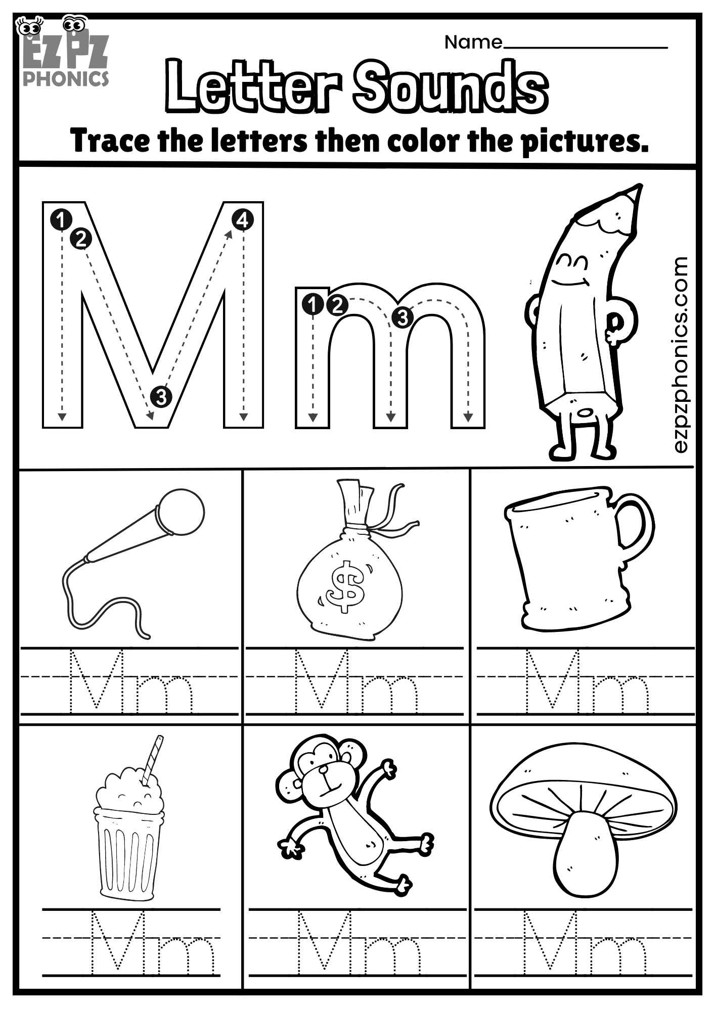 Letter Mm Trace and Color the Pictures Free PDF Download